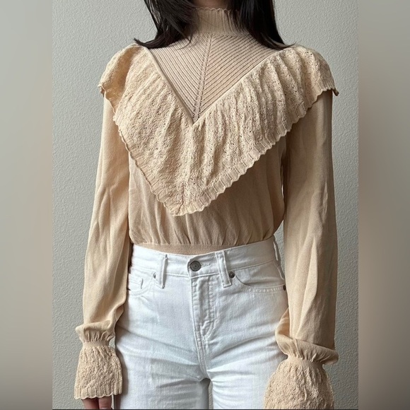 Zara Dollette knit long ruffle sleeve blouse Sz small beige/tan NWT! - Picture 12 of 14